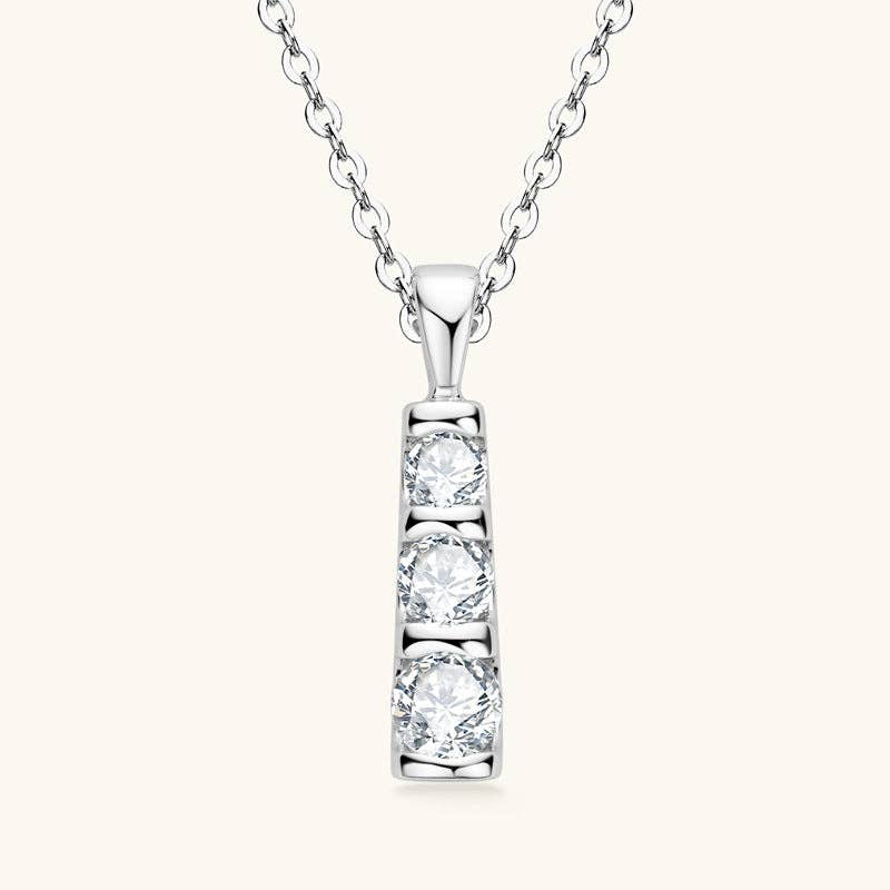 Three Stone Moissanite Charm Necklace in 925 Sterling Silver