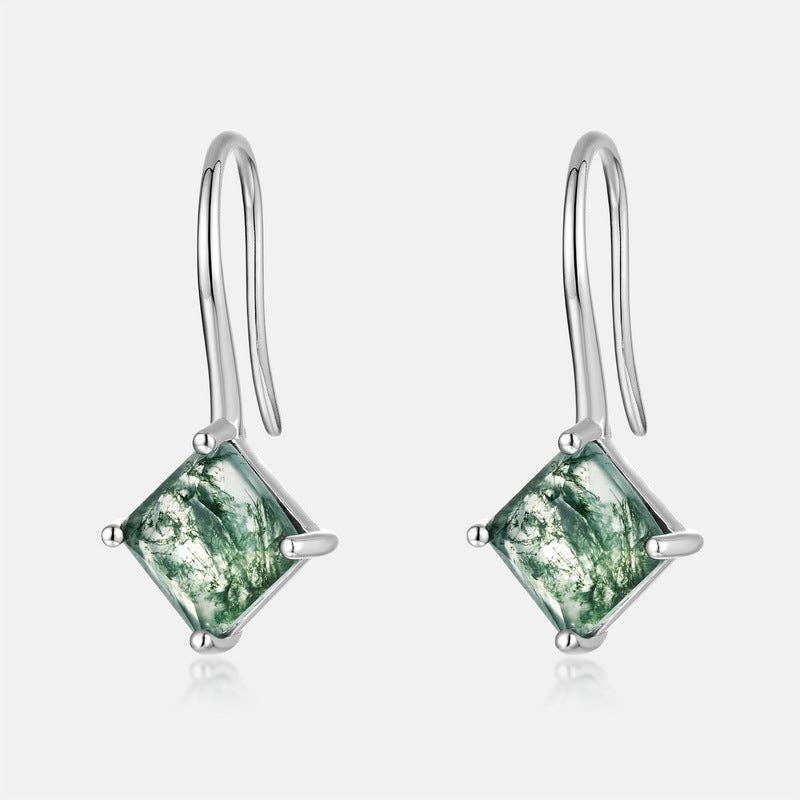 Square Moss Agate Hoop Drop Earrings in 925 Sterling Silver
