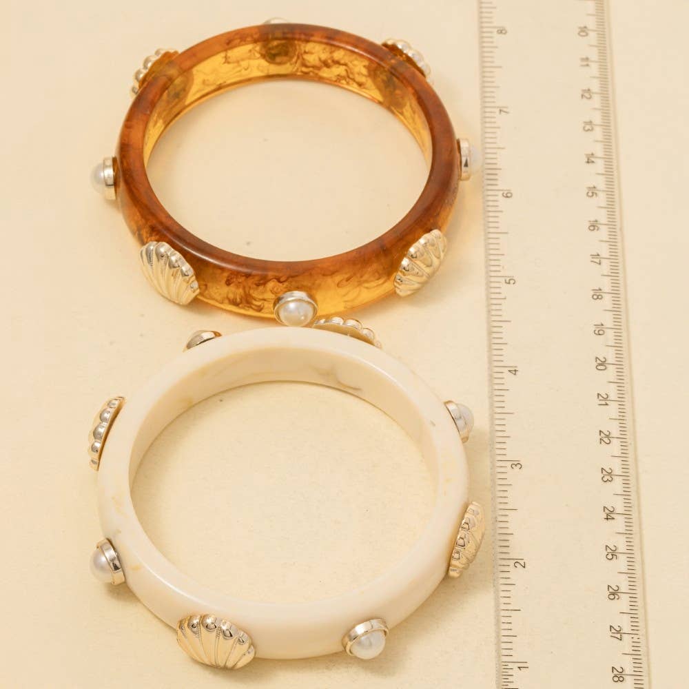 Pearl And Shell Stud Marble Resin Bangle Bracelet