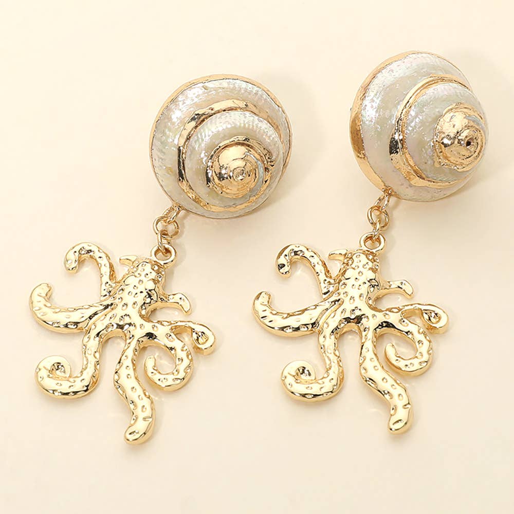 Bold Shell Accent Octopus Charm Drop Dangle Earrings