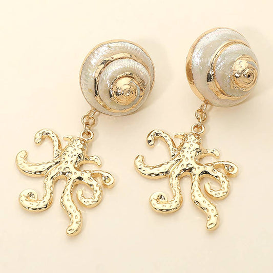 Bold Shell Accent Octopus Charm Drop Dangle Earrings