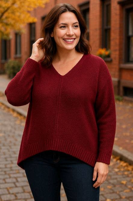 V Neck Soft Touch Boucle Hi Low Knit