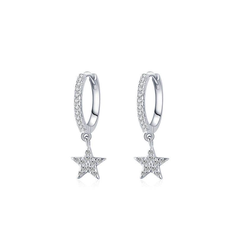 Star Dangle Drop Hoop Earrings 925 CZ