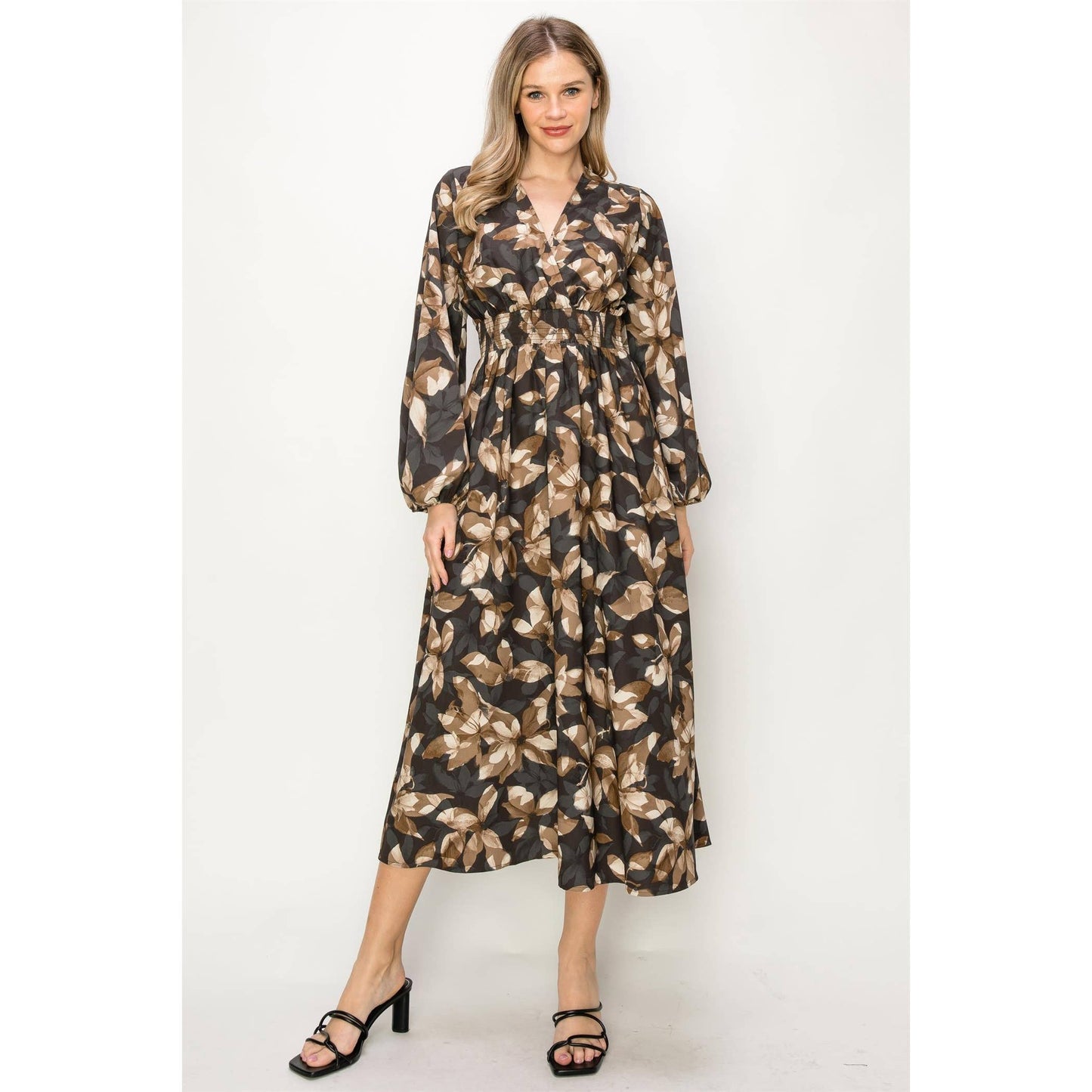 SATIN FLORAL LONG SLEEVE STRETCH WAIST MAXI DRESS