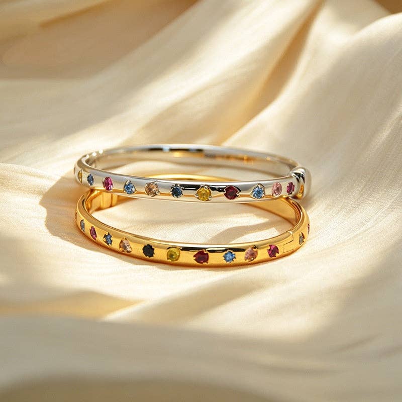 Rainbow CZ Multi Stone Hinge Bangle Bracelet in Solid Copper