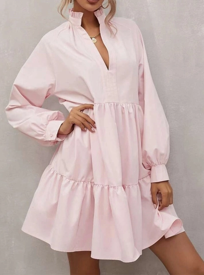 Frilled Stand Collar Long Sleeve Ruffle Dress