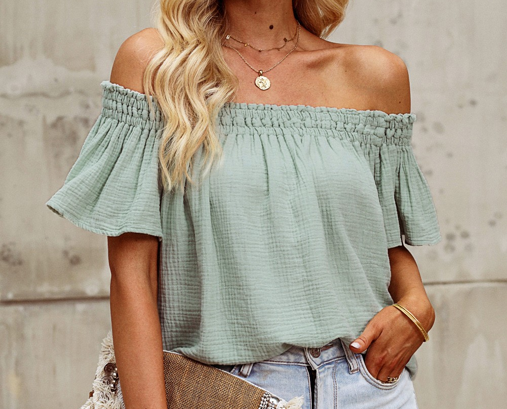 Green Off Shoulder Textured Ruched Ruffle Blouse