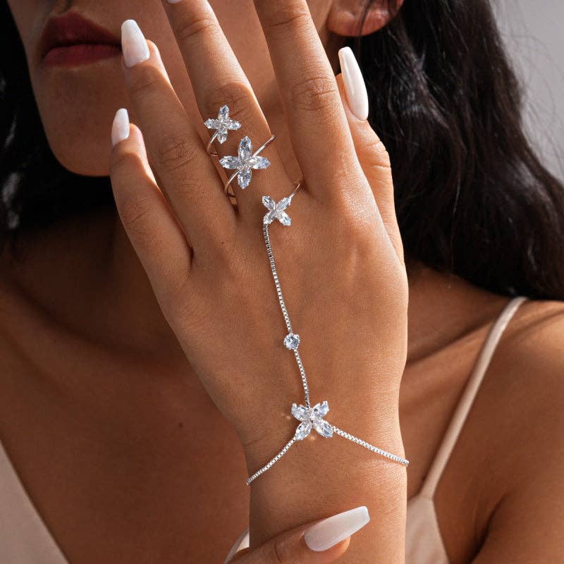 Four-Petal Flower CZ Hand Chain Bracelet in Solid Copper