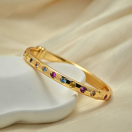 Rainbow CZ Multi Stone Hinge Bangle Bracelet in Solid Copper