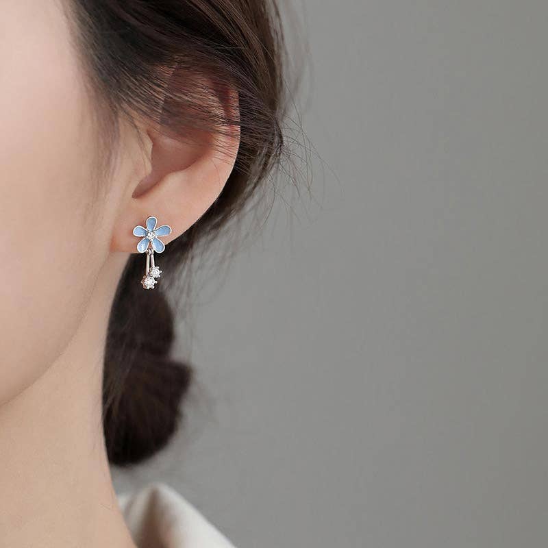 Blue Enamel Flower Stud Drop Earrings in 925 Sterling Silver