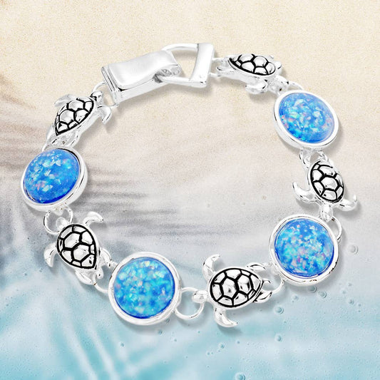 Sea Glass Embossed Turtle Metal Magnetic Link Bracelet