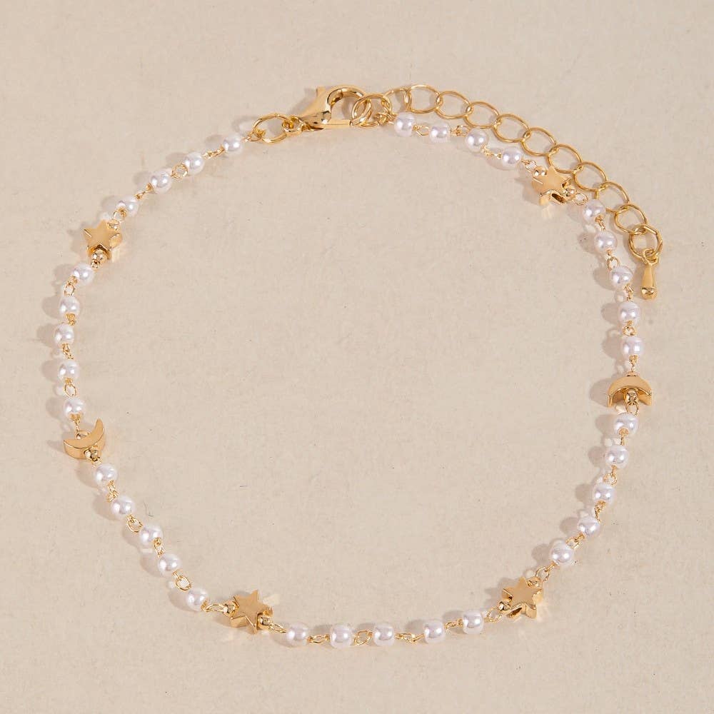 Star Moon And Pearls Chain Anklet
