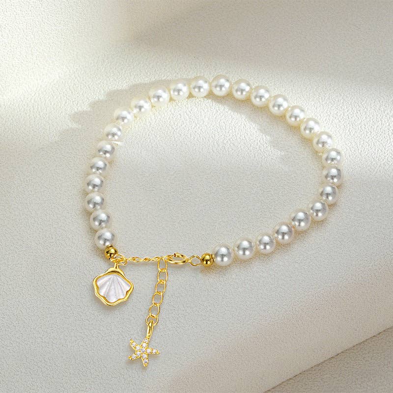 Seashell Starfish Pearl Bracelet in 925 Sterling Silver