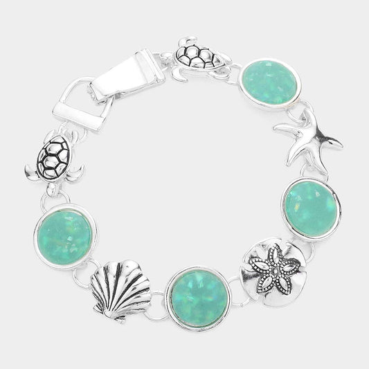 Sea Glass Embossed Metal Sea Life Magnetic Link Bracelet