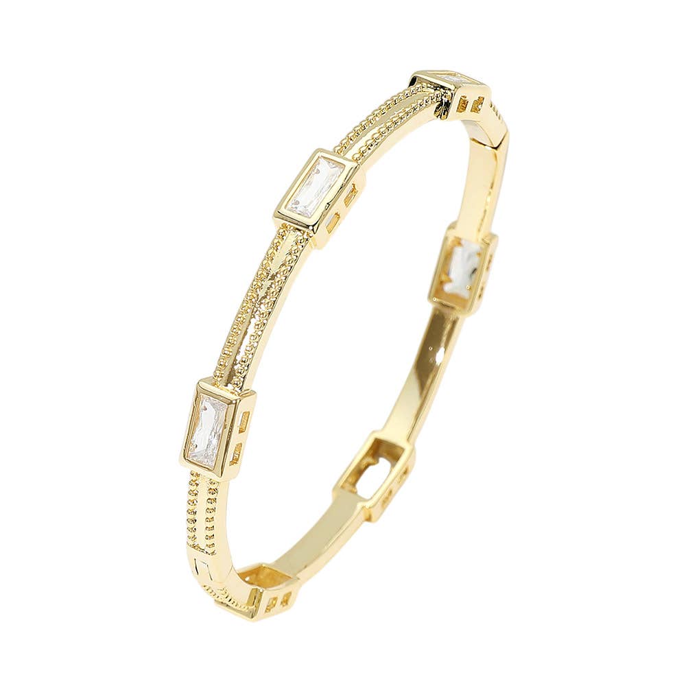 14K Gold Plated Geometric Rectangular CZ Stone Link Hinged Bangle Bracelet