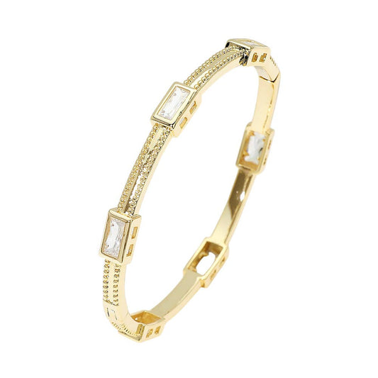 14K Gold Plated Geometric Rectangular CZ Stone Link Hinged Bangle Bracelet