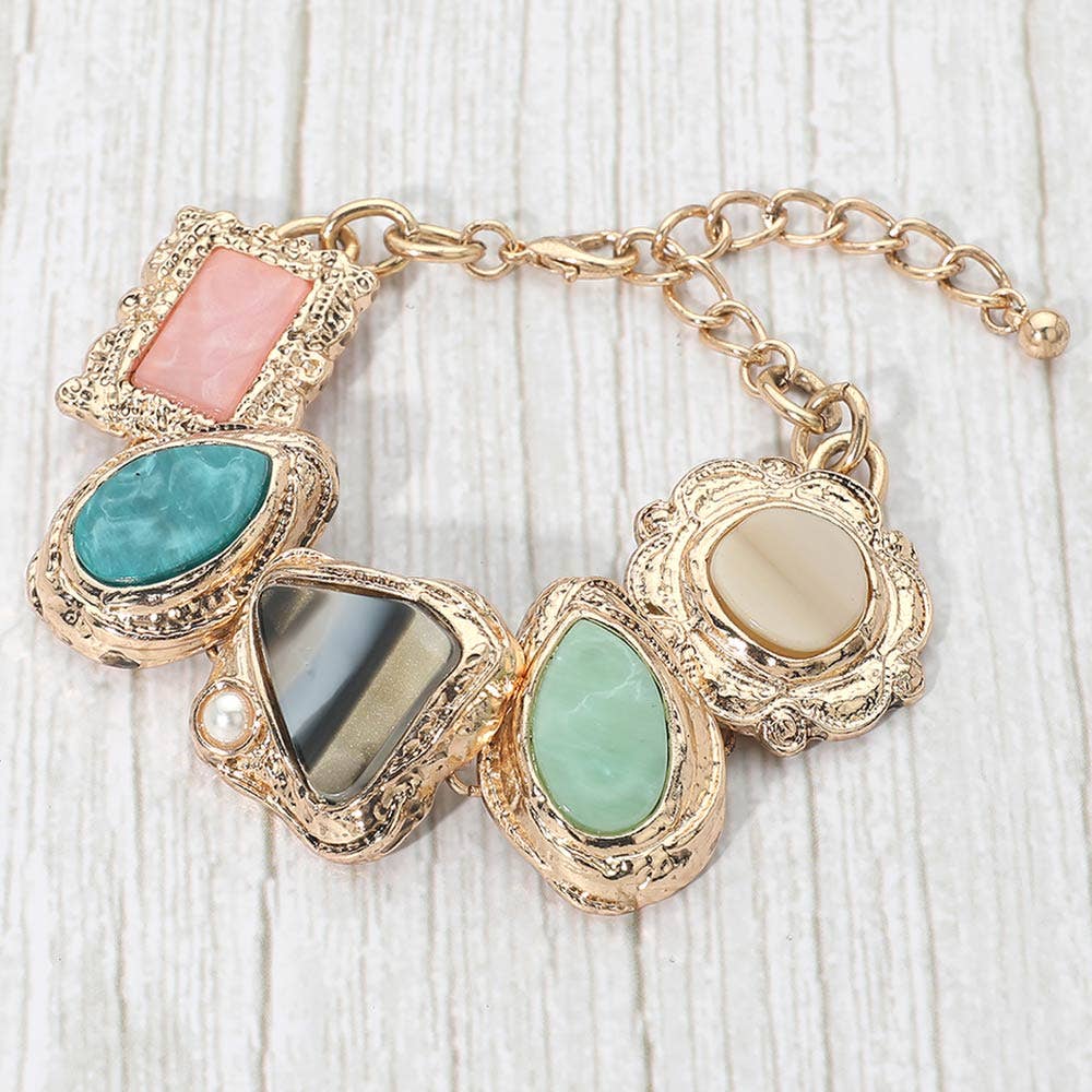 Bold Mixed Vintage Frame Stone Charm Link Statement Bracelet
