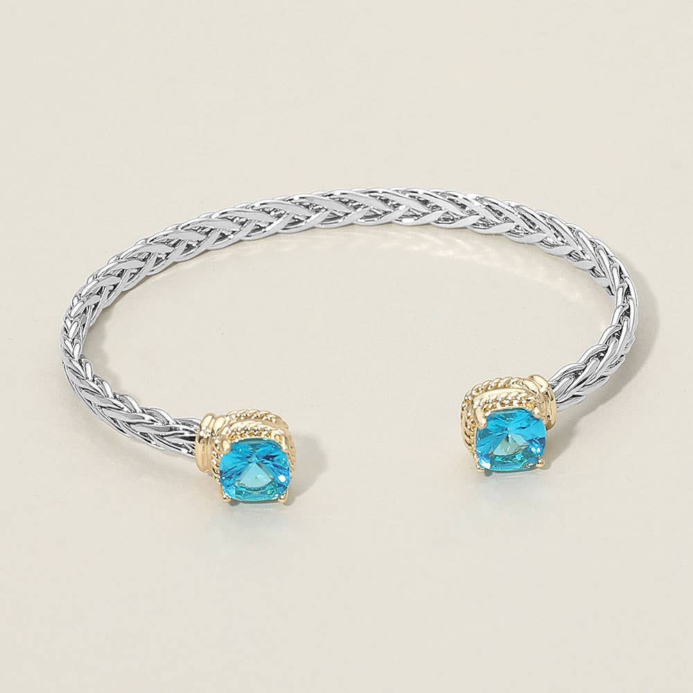 14K Gold Plated CZ Stone Tip Two Tone Braided Cuff Bracelet