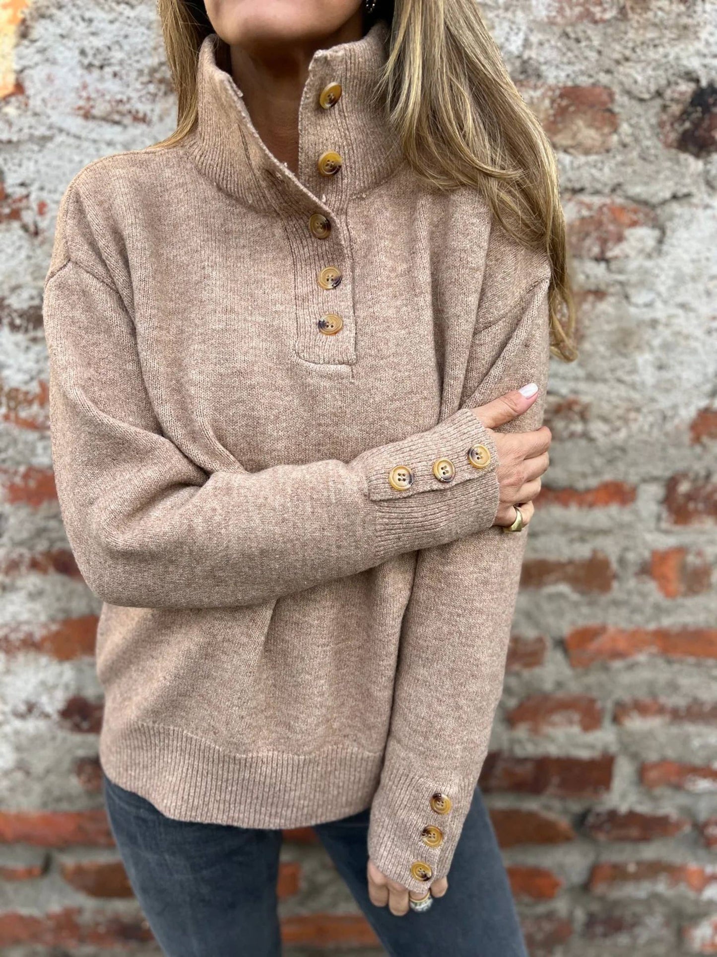 Stand Up Collar Solid Color Button Loose Sweater
