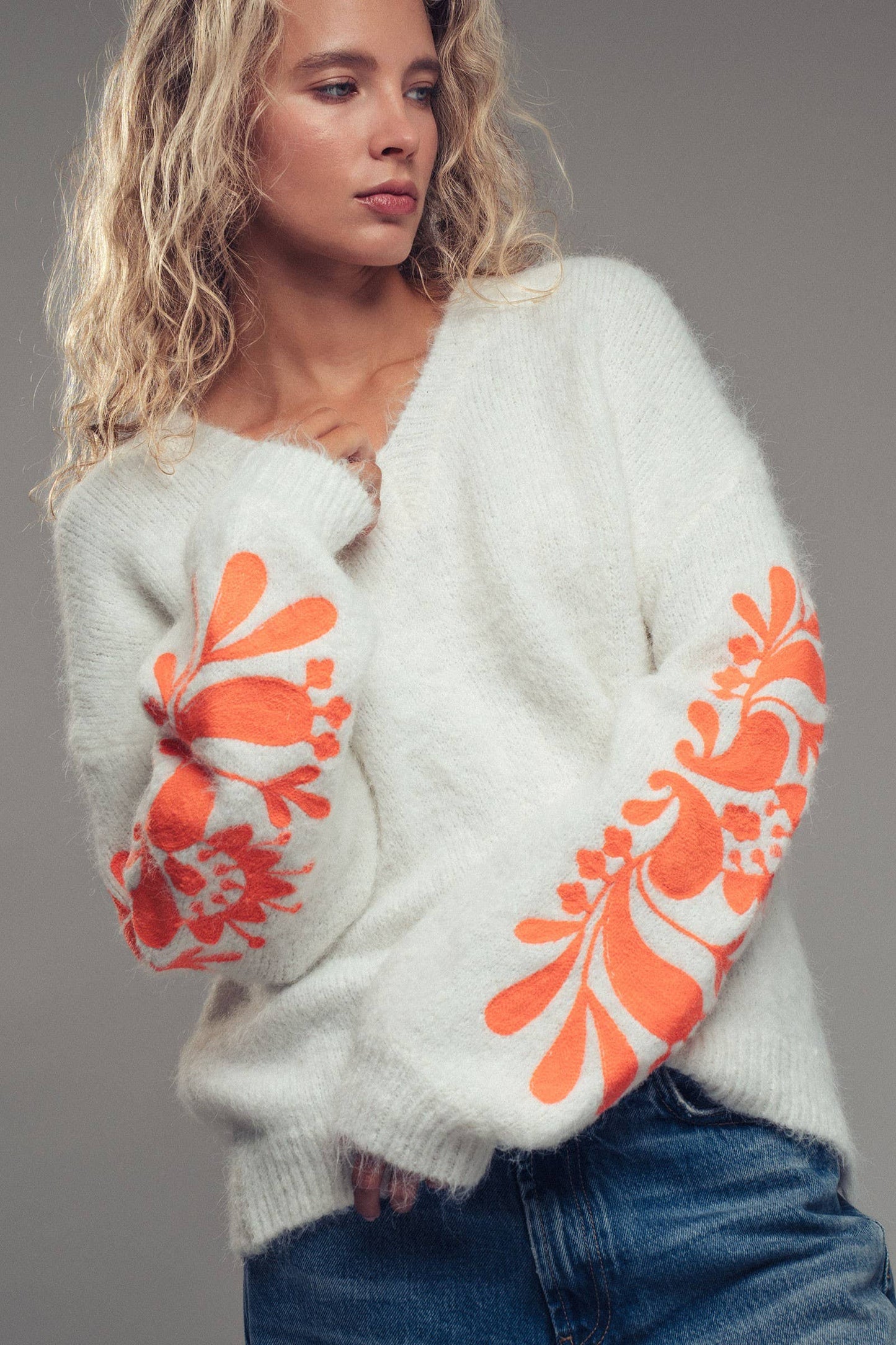 Floral Embroidered Sleeve V-Neck Sweater