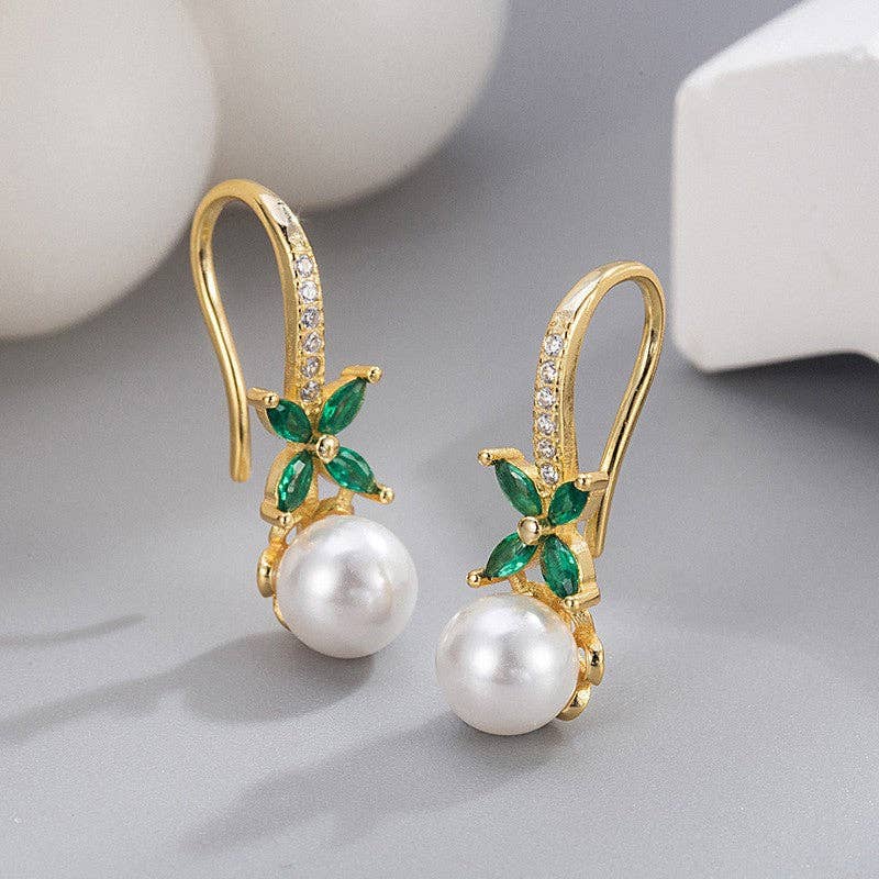 Dainty Green Pearl Drop Hook Earrings in 925 Sterling Silver