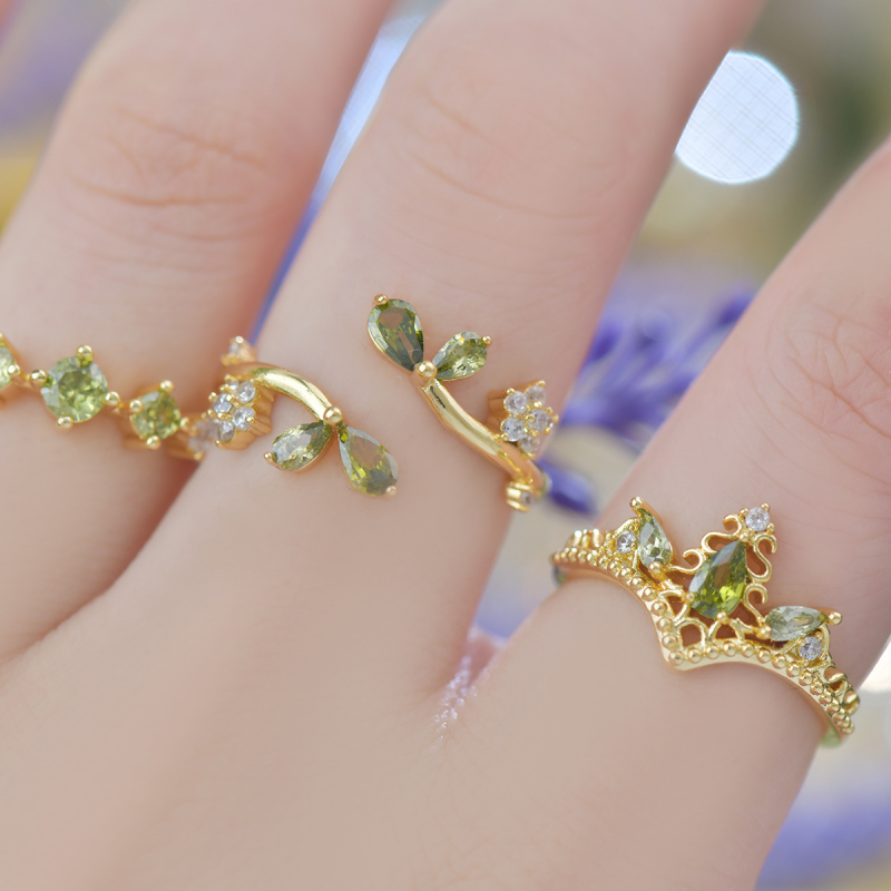 Dainty Gold Green Leaf Stacking Bypass Ring in Solid Copper