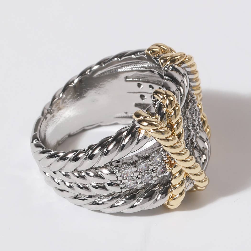 CZ Rope Texture Multi Layered Gold Plated Ring
