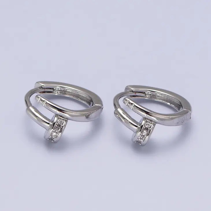 White Gold Filled Micro Paved Spiral Nail Huggie Earrings