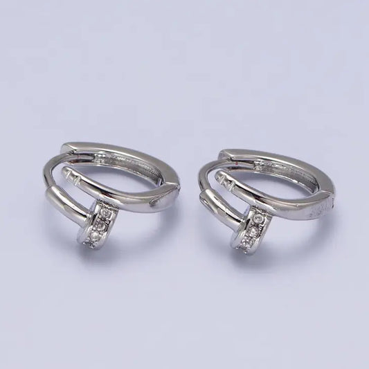 White Gold Filled Micro Paved Spiral Nail Huggie Earrings