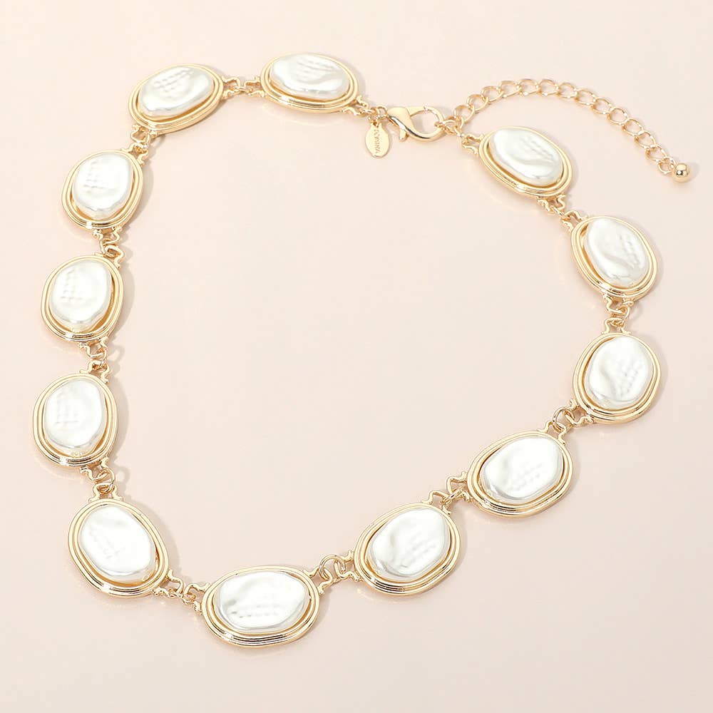 Oval Pearl Frame Link Statement Necklace