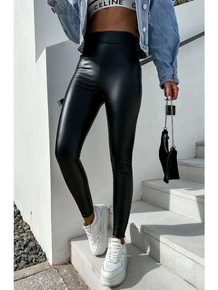 Leatherette High Waisted Leggings-Black