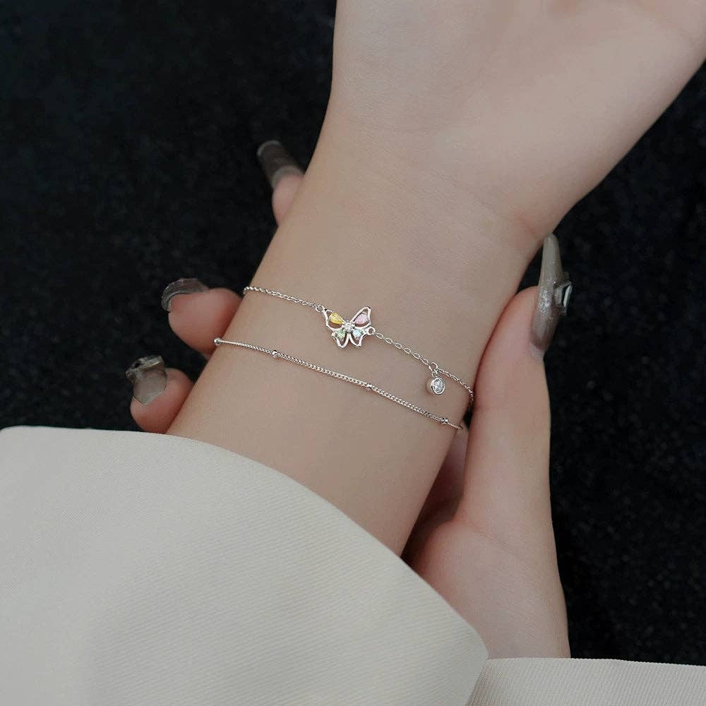 Butterfly Bead Double Chain Bracelet in 925 Sterling Silver