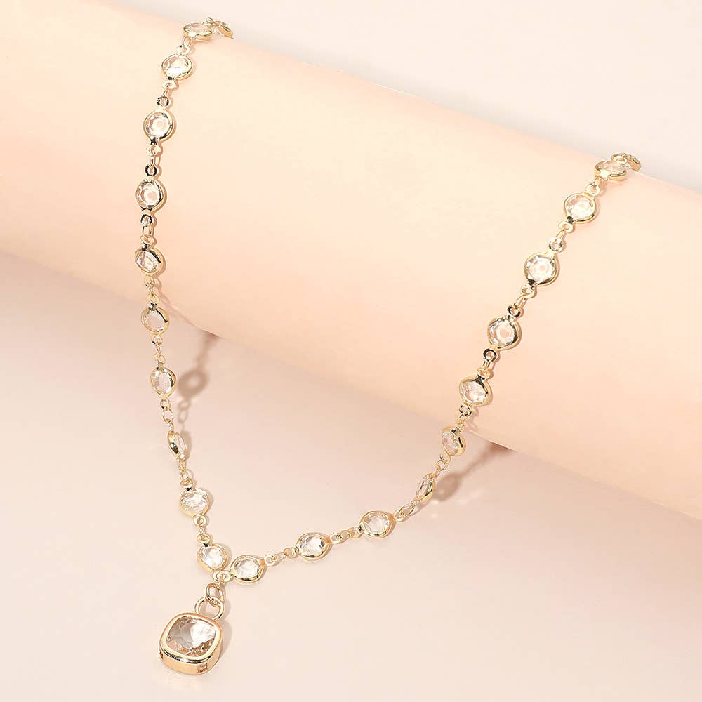 Square Stone Pendant Accent Round Bezel Link Necklace
