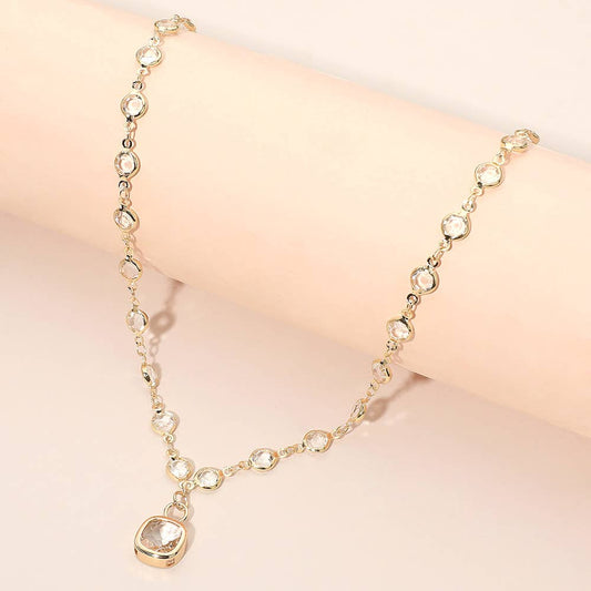 Square Stone Pendant Accent Round Bezel Link Necklace