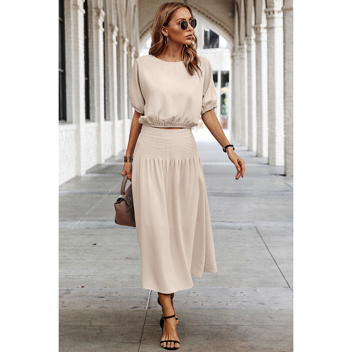 loose puff sleeve dress Two Pieces Solid Color Loose Puff Sleeve Pleated Sets