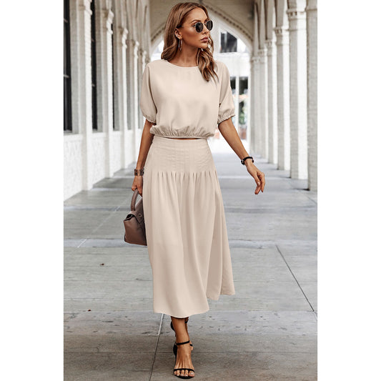 Two Pieces Solid Color Loose Puff Sleeve Pleated Sets