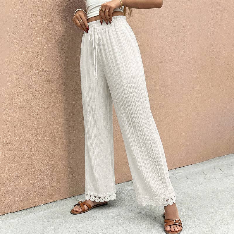 Textured Wide Leg Pants Lace Hem Casual Resort Pants