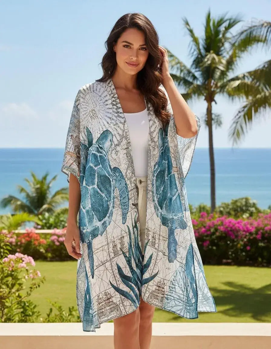 Blue-Multi Open Front Sea Turtle Kimono