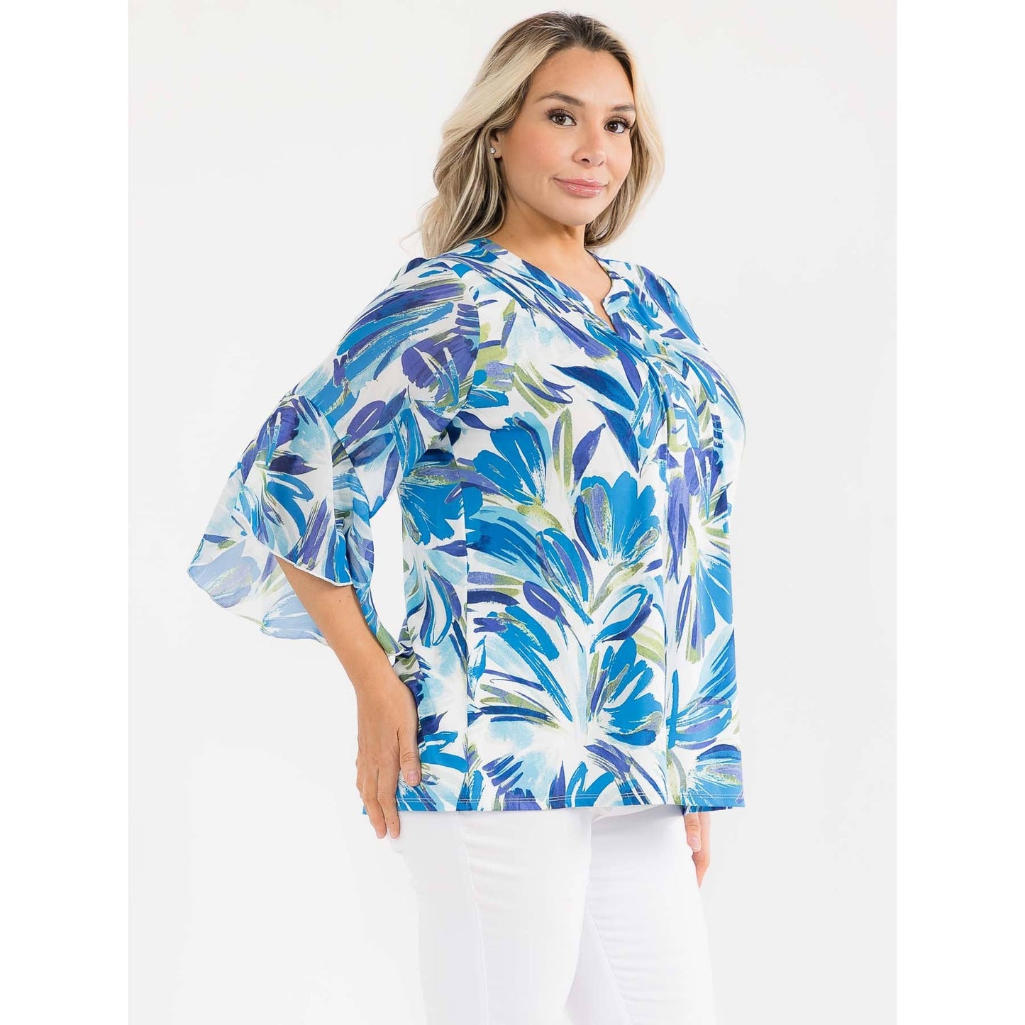 PLUS TROPICAL BELL SLEEVE BLOUSE