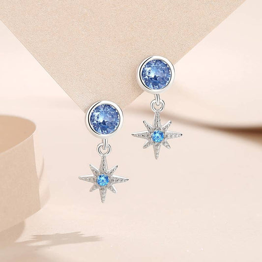 Dainty Blue Star Dangle Drop Earrings in 925 Sterling Silver