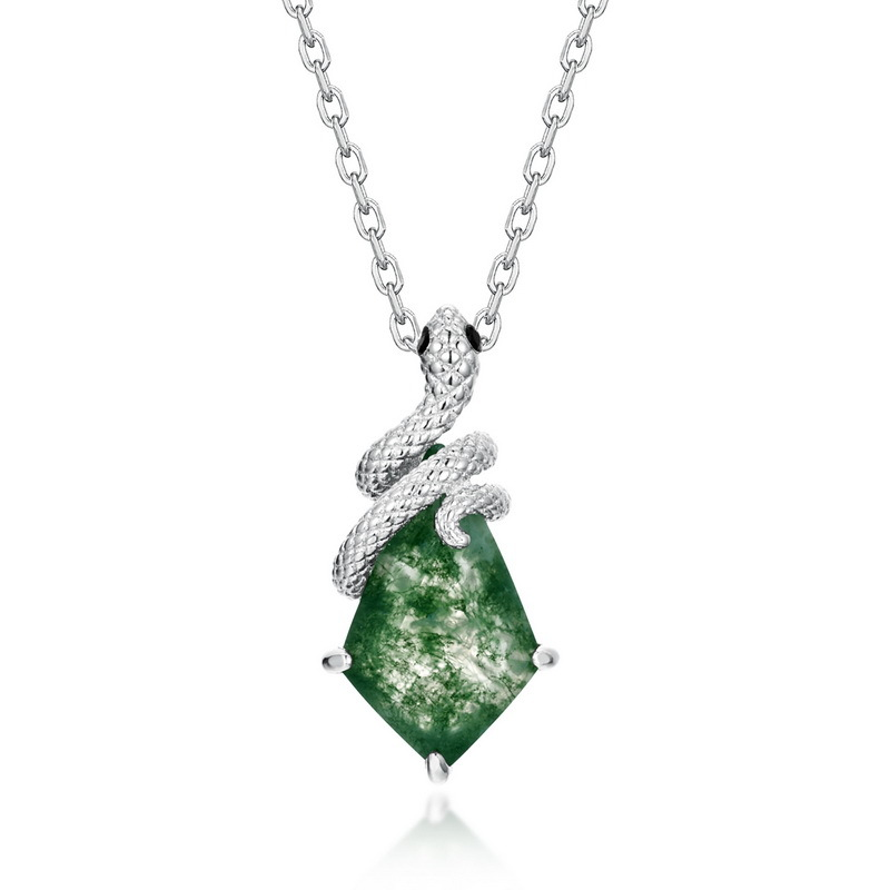 Green Moss Agate Snake Charm Necklace in 925 Sterling Silver