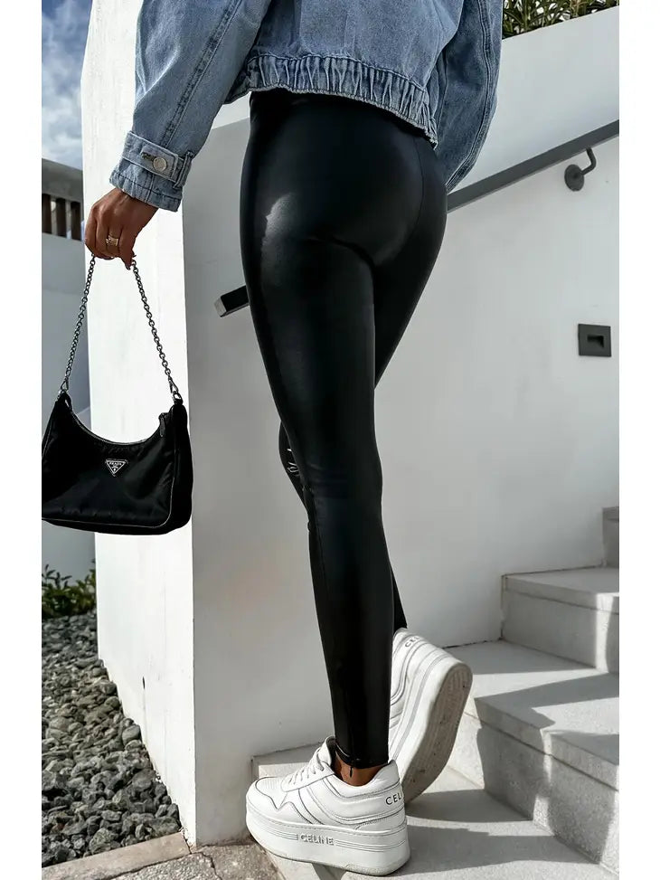 Leatherette High Waisted Leggings-Black