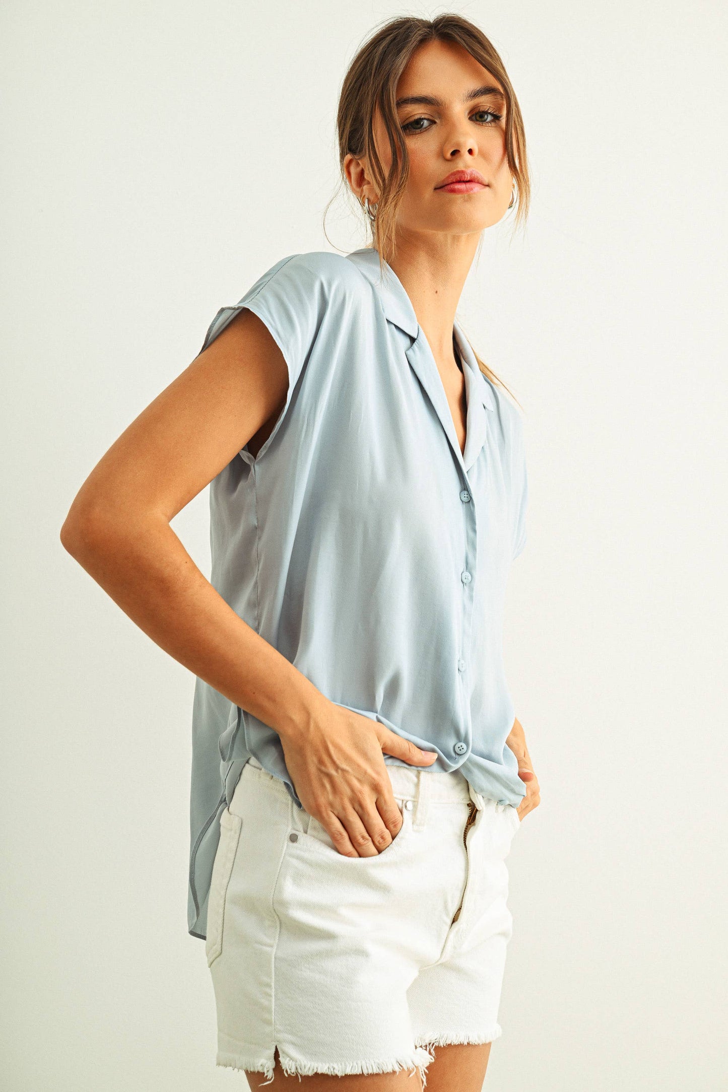 BUTTON DOWN CAP SLEEVE SHIRTS