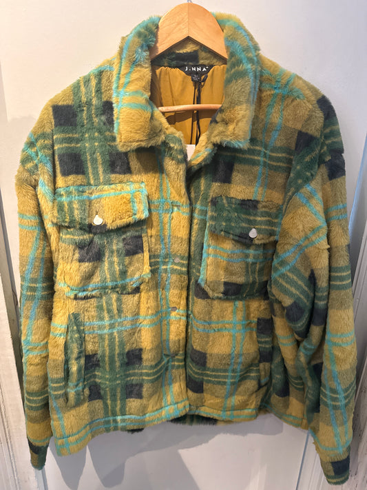 PLUS SIZE Fuzzy Plaid Button Up Jacket