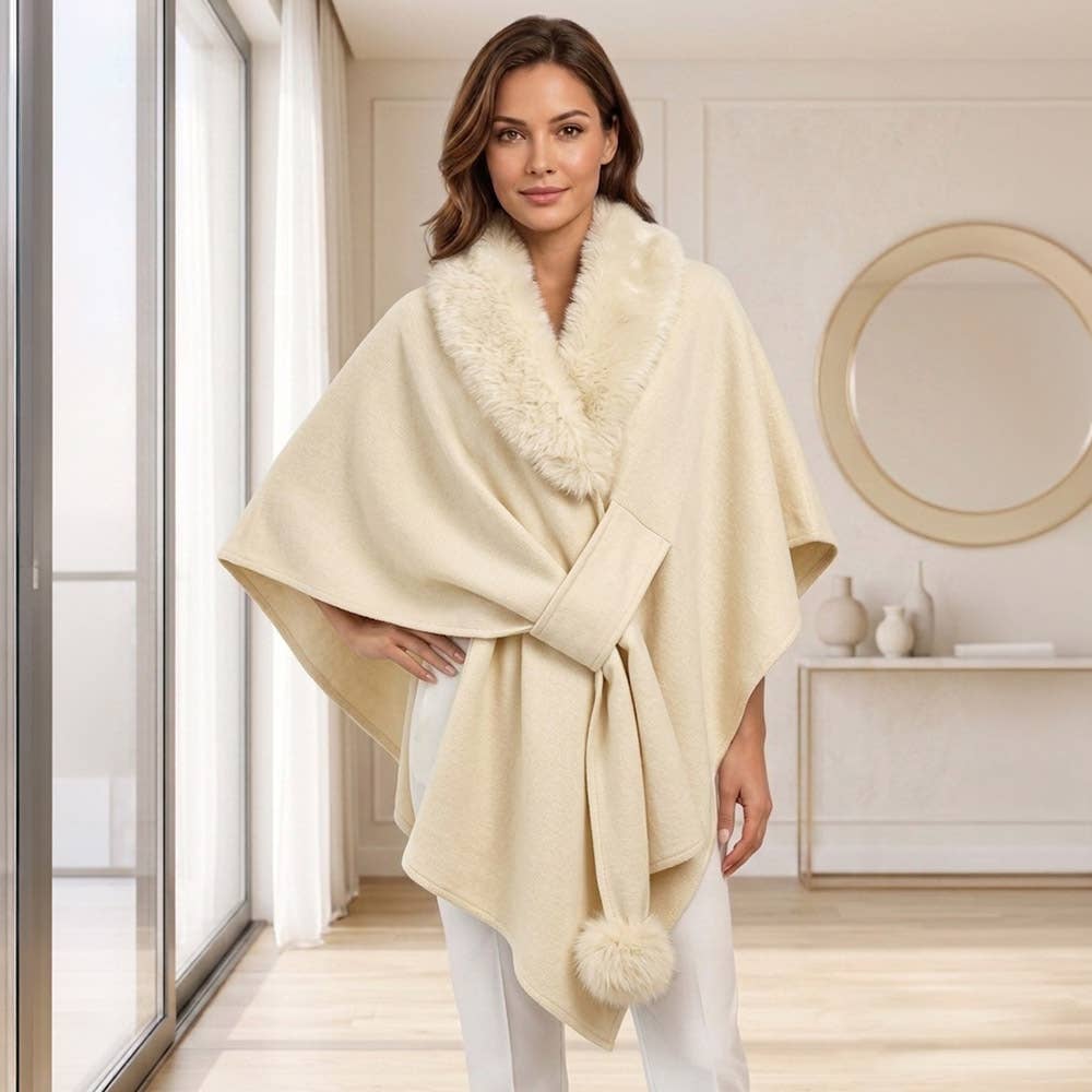 Faux Fur Collar Pom Pom Trim Wrap Cape Coat Poncho