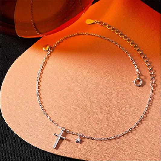 Dainty Cross Star Heart Charm Anklet in 925 Sterling Silver