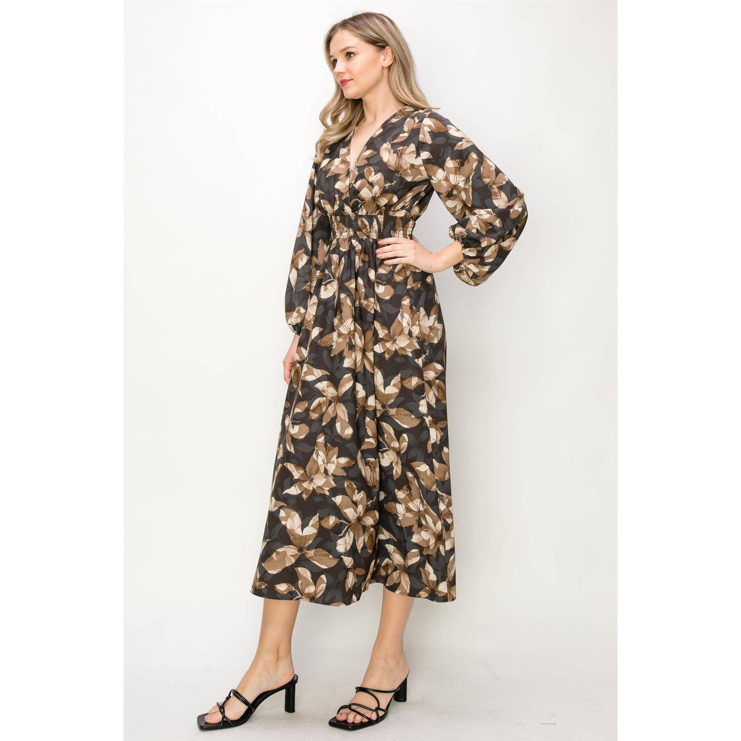 SATIN FLORAL LONG SLEEVE STRETCH WAIST MAXI DRESS
