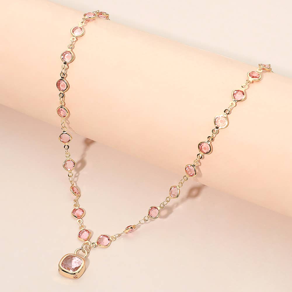Square Stone Pendant Accent Round Bezel Link Necklace