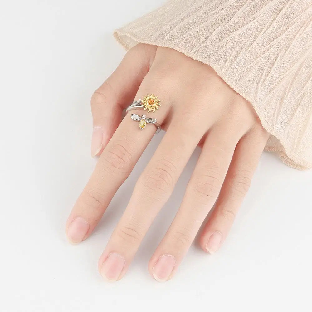 Sunflower Anxiety Fidget Spinner Ring in 925 Sterling Silver