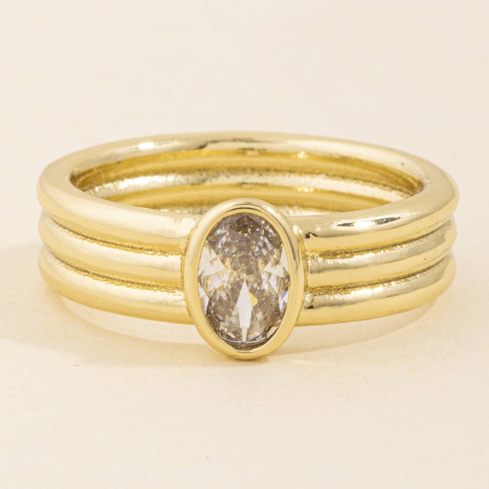 Gold Dipped Triple Band Oval Bezel Cz Ring